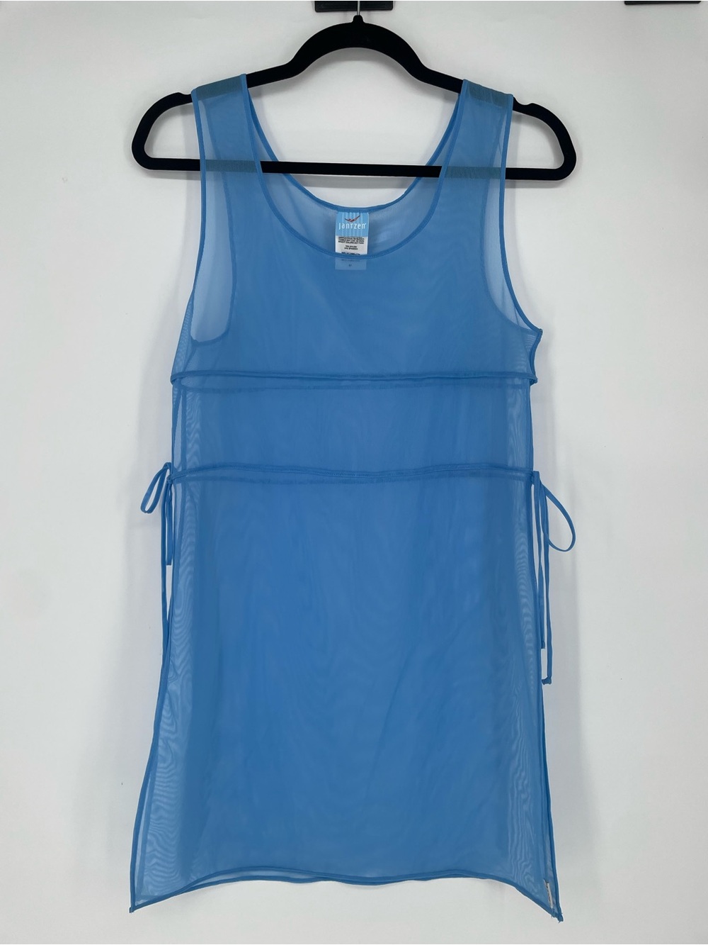 Blue Jantzen Mesh Sheer Beach Coverup Swimwear Open Slit Sides W Ties Stretchy